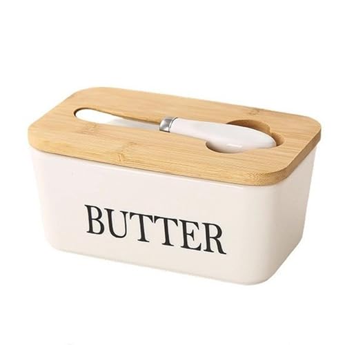 KXKJRYB Butterdose aus Keramik mit Deckel und Messer, Butterbehälter, luftdichter Butterbehälter für Arbeitsplatte und Kühlschrank (Weiß, 600 ml) von KXKJRYB