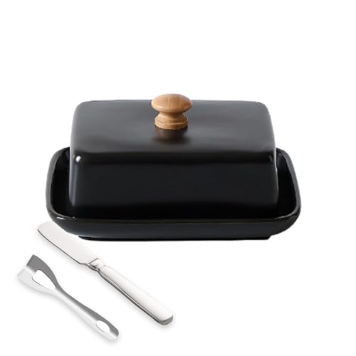 KXKJRYB Butterdose aus Keramik mit Deckel und Messer für Arbeitsplatte, Kühlschrank, Butterdose für Arbeitsplatte, Butterhalter mit Porzellan-Abdeckknauf, Griff (schwarz) von KXKJRYB