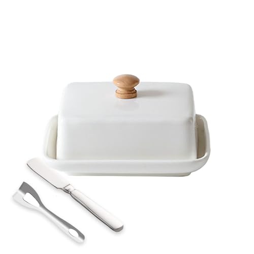 KXKJRYB Butterdose aus Keramik mit Deckel und Messer für Arbeitsplatte, Kühlschrank, Butterdose für Arbeitsplatte, Butterhalter mit Porzellan-Deckelknauf, Griff (weiß) von KXKJRYB