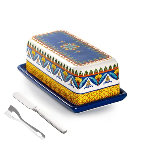 KXKJRYB Butterdose aus Keramik mit Deckel und Streuer, buntes Design, hält Butter frisch, perfekt für Küche und Tisch, Blau KXKJRYB Butterdose aus Keramik mit Deckel und Streuer, buntes Design, hält Butter frisch, perfekt für Küche und Tisch, Blau von KXKJRYB