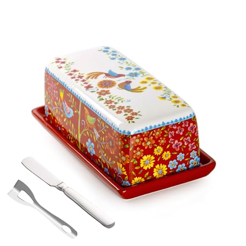 KXKJRYB Butterdose aus Keramik mit Deckel und Streuer, buntes Design, hält Butter frisch, perfekt für Küche und Tisch, Rot KXKJRYB Butterdose aus Keramik mit Deckel und Streuer, buntes Design, hält Butter frisch, perfekt für Küche und Tisch, Rot von KXKJRYB