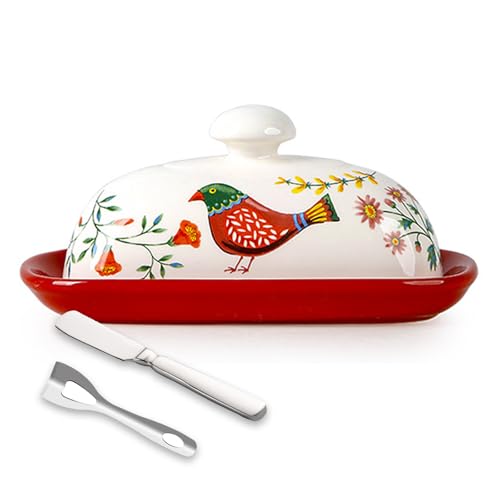 KXKJRYB Butterdose aus Steingut mit Deckel, Butterhalter mit Messer, Keramik-Butterbehälter für Heimdekoration, gutes Küchengeschenk (rot) von KXKJRYB
