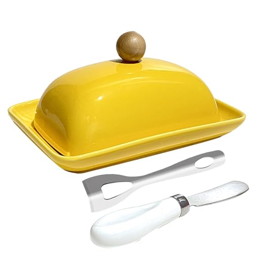 KXKJRYB Butterdose aus Steingut mit Deckel und Messer, Keramik-Butterbehälter, spülmaschinenfest, Keramik-Aufbewahrung für Heimdekoration, gutes Küchengeschenk (Gelb) von KXKJRYB