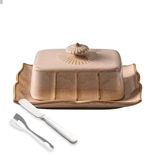 KXKJRYB Butterdose aus Steingut mit Deckel und Messer, rechteckiger Butterbehälter, Keramik-Butterbehälter für Heimdekoration, gutes Küchengeschenk (braun) von KXKJRYB