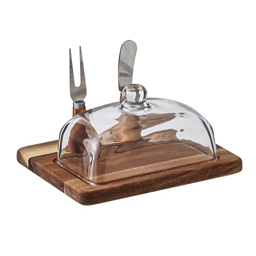KXKJRYB Butterdose mit Glasdeckel und Holztablett, luftdichter Butterbehälter mit Messer für Arbeitsplatte und Kühlschrank (Messer und Gabel) von KXKJRYB