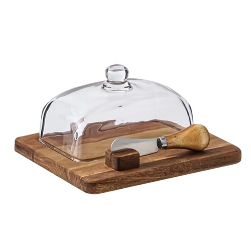 KXKJRYB Butterdose mit Glasdeckel und Holztablett, luftdichter Butterbehälter mit Messer für Arbeitsplatte und Kühlschrank Aufbewahrung (Messer) von KXKJRYB
