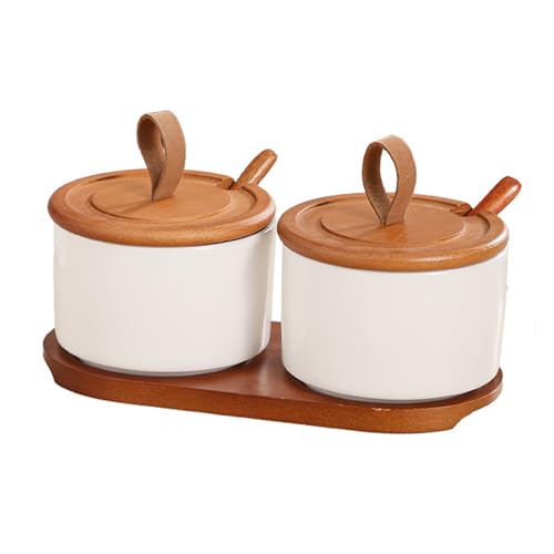 KXKJRYB Gewürz-Vorratsdosen mit Löffel und Holzdeckel, praktische Gewürzbehälter für Salz, Zucker, Kräuter, Speisekammer und Arbeitsplatte (Weiß, 2er-Set) von KXKJRYB