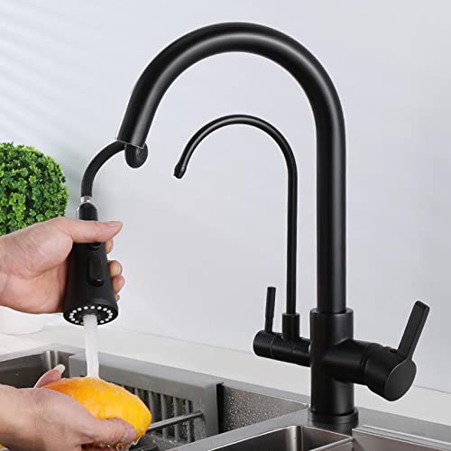 3-Wege Küchenarmatur mit Auszug Sprühes Messing Multifunktion Heiße und kaltes Wasser drehbarer Küchenspüle Wasserhahnschwarz (Chrom) von KXQYIKYI