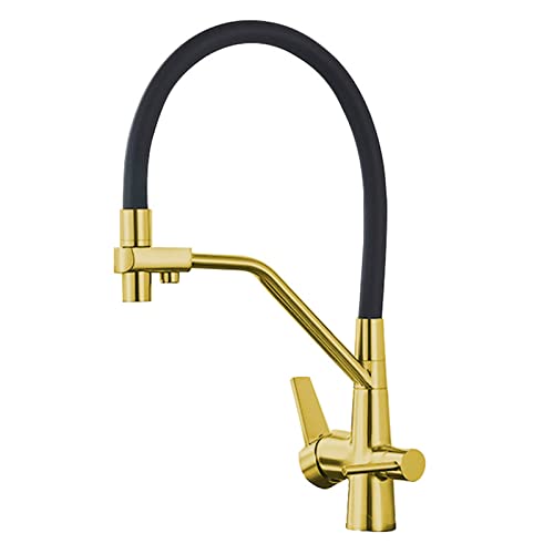 Küchenarmatur mit Trinkfilterwasserauslass, 360 ° Drehung Down Küchenspüle Festes Messing- und Heißwasser -Küchenmixer mit 2 Griffen, Gold (Chrom) von KXQYIKYI
