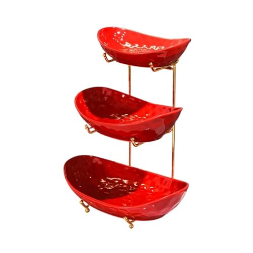 Obstplatte Obstschüsselkorb für Küchentheke, mehrschichtige Keramik-Servierschalen mit Metallständer, rotstufiger Obstkorb für Obst, Gemüse, Snack, Nüsse, Servierschalen-Set für Unterhaltung frui von KXQYIKYI