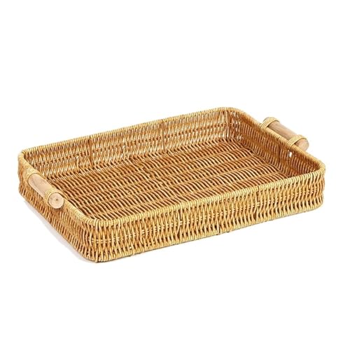 Obstschale Obstkörbe Große Rattan -Servierschale, handgewebetes Korbkorb Organizer Tablett, Rechteck Tabletop Frühstück Getränke Snack Obst Aufbewahrungsplatte Fruchtkorb (klein) von KXQYIKYI