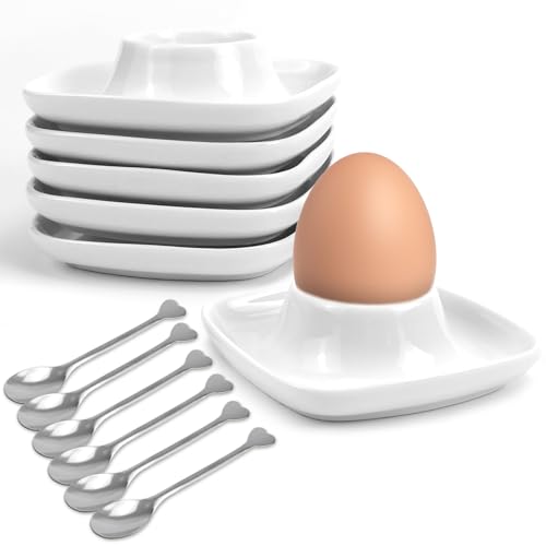 KXVXXV 6 Stück Keramik Eierbecher Set, Eierbecher Porzellan weiß, Quadratisch Eierbecher Stapelbar mit 6 x Löffel, Mit Ablage Eierständer Egg Cup von KXVXXV