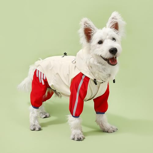 Regenjacke für Hunde, Regenmantel mit Loch für die Leine für Outdoor-Abenteuer, Spaziergänge, Weiß, Rot, Größe L von KXWDKJ