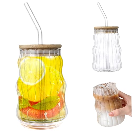 KYEQATY Iced Coffee Tasse 530 ml wickelförmige Glasbecher mit Deckel und Strohhalm Hitzeresistenter Glas Kaffeetasse für Getränkesaft Whisky Soda Milch Tee Zuhause Zuhause von KYEQATY