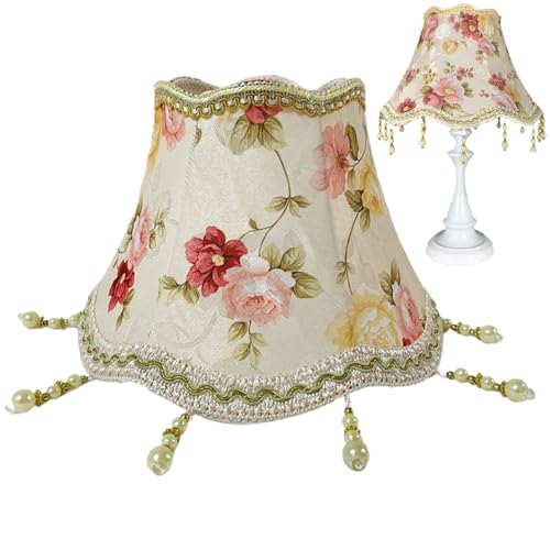Lampenschirm für Tischlampe Randlampenschatten Blumen Vintage Lampenschatten mit Quastenperle 9,8 Zoll Victorian Lamp Shade Perlen Lampenschattenform Boho Style Randlampe für E27 von KYEQATY