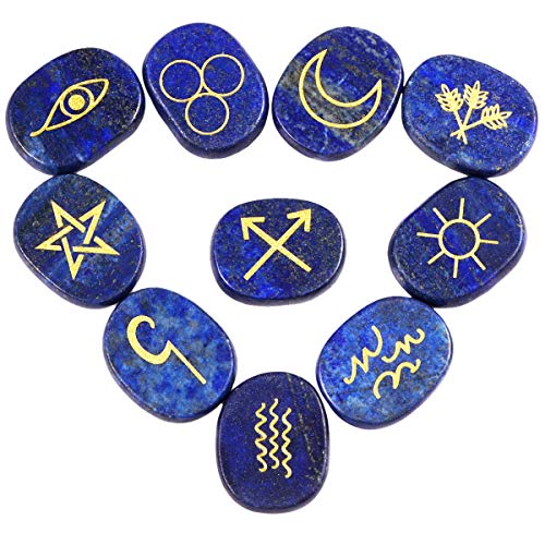 KYEYGWO 10 Stück Lapis Lazuli Oval Kristall Runen Stein mit Gravur Golden Zigeuner Symbol, Edelstein Runensteine Set Sorgenstein Taschensteine für Decoration Meditation Wahrsagung von KYEYGWO