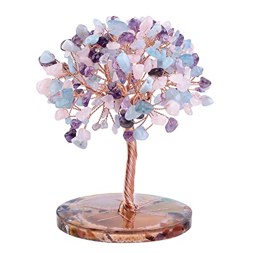 KYEYGWO 3 Farben Heilung Edelstein Baum auf Achat Scheiben Harz Base, Kristall Geldbaum Feng Shui Bonsai Baum Ornament Stein Figuren für Haus Deko, Glück, Reichtum von KYEYGWO