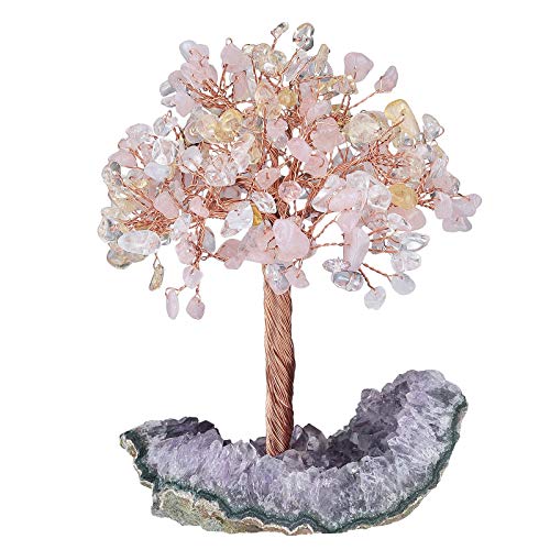 KYEYGWO 3 Farben Reiki Heilung Kristallbaum auf Natürlichen Amethyst Drusensegment Rohstück Base, Stein Geldbaum Feng Shui Bonsai Baum Figuren Ornament Haus Deko für Glück, Reichtum von KYEYGWO