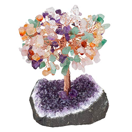 KYEYGWO 6 Farben Reiki Heilung Kristallbaum auf Natürlichen Amethyst Drusensegment Rohstück Base, Stein Geldbaum Feng Shui Bonsai Baum Figuren Ornament Haus Deko für Glück, Reichtum von KYEYGWO