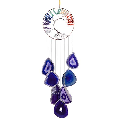 KYEYGWO 7 Chakra Baum des Lebens Hängeornament mit Violett Achat Scheiben, Heilung Kristall Aufhängene Handgemacht Edelstein Windspiel Traumfänger Hängedeko für Haus Hochzeit Souvenir von KYEYGWO