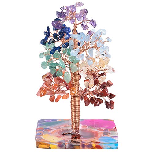 KYEYGWO 7 Chakra Stein Heilung Kristallbaum auf Achat Scheiben Base, Kupferdraht Geldbaum Feng Shui Bonsai Baum Deko Figuren für Glück, Reichtum und Gesundheit von KYEYGWO