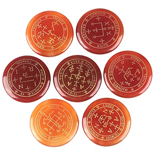 KYEYGWO 7 Stück Karneol Runde Heilung Kristall Set mit Gravierte Magischer Erzengel Symbole, Stein Chakra Plamstein Reiki Heilstein Taschensteine Stein Desktop Ornament für Divination, Meditation KYEYGWO 7 Stück Karneol Runde Heilung Kristall Set mit Gravierte Magischer Erzengel Symbole, Stein Chakra Plamstein Reiki Heilstein Taschensteine Stein Desktop Ornament für Divination, Meditation von KYEYGWO