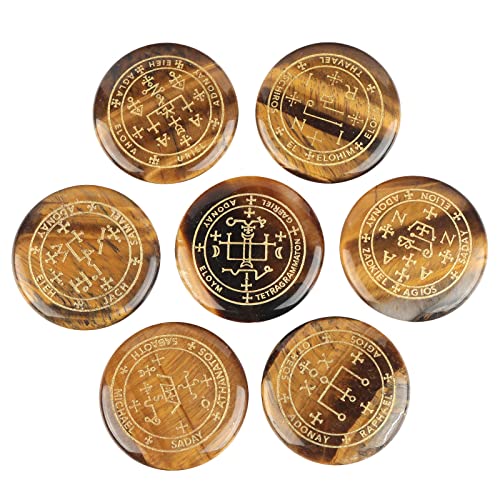 KYEYGWO 7 Stück Tigerauge Runde Heilung Kristall Set mit Gravierte Magischer Erzengel Symbole, Stein Chakra Plamstein Reiki Heilstein Taschensteine Stein Desktop Ornament für Divination, Meditation KYEYGWO 7 Stück Tigerauge Runde Heilung Kristall Set mit Gravierte Magischer Erzengel Symbole, Stein Chakra Plamstein Reiki Heilstein Taschensteine Stein Desktop Ornament für Divination, Meditation von KYEYGWO