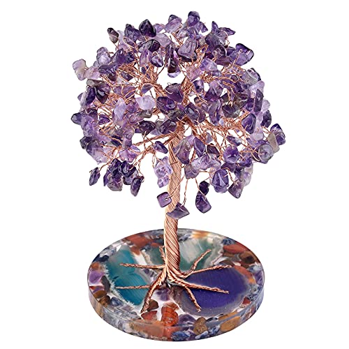 KYEYGWO Amethyst Heilung Edelstein Baum auf Achat Scheiben Harz Base, Kristall Geldbaum Feng Shui Bonsai Baum Ornament Stein Figuren für Haus Deko, Glück, Reichtum von KYEYGWO