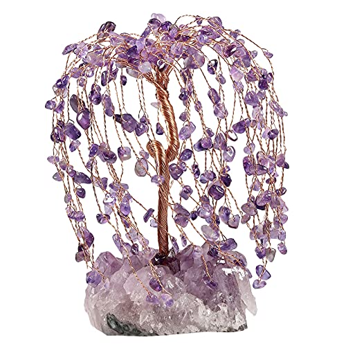 KYEYGWO Amethyst Heilung Kristall Geldbaum auf Natürlichen Amethyst Drusensegment Rohstück Base, Stein Kristallbaum Feng Shui Bonsai Baum Figuren Edelstein Ornament für Haus Deko, Glück, Reichtum von KYEYGWO