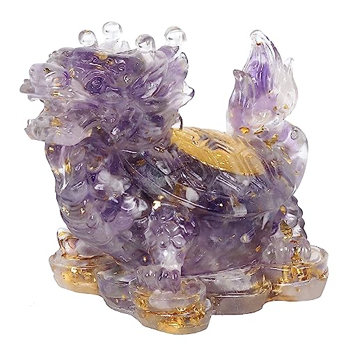 KYEYGWO Amethyst Kristall Drachen-Schildkröte Figur Deko, Harz Chinesischer Drache Stein Statue Reichtum Goldmünze Skulptur Feng Shui Wohlstand Ornament Glück Sammlerfigur für Haus Büro von KYEYGWO