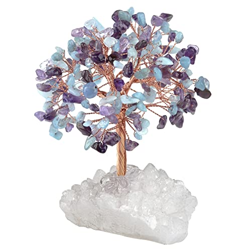 KYEYGWO Amethyst & Aquamarine Heilung Kristall Geldbaum auf Natürlichen Bergkristall Druse Rohstein Basis, Feng Shui Bonsai Baum Stein Glückbaum Figur Edelsteinbaum Ornament Haus Decor von KYEYGWO