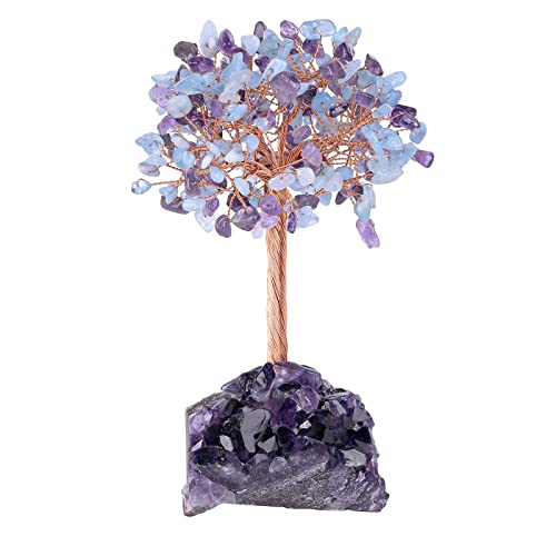 KYEYGWO Amethyst & Aquamarine Reiki Heilung Kristallbaum auf Natürlichen Amethyst Drusensegment Rohstück Base, Stein Geldbaum Feng Shui Bonsai Baum Figuren Ornament Haus Deko für Glück, Reichtum von KYEYGWO