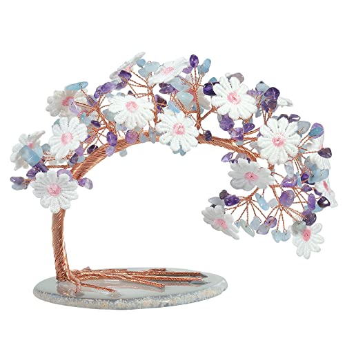 KYEYGWO Amethyst & Aquamarine Spitze Blume Kristall Geldbaum auf Achat Scheiben Base, Traditioneller Stickerei Steinbaum Feng Shui Bonsai Baum Figuren Ornament Haus Deko für Glück, Reichtum von KYEYGWO