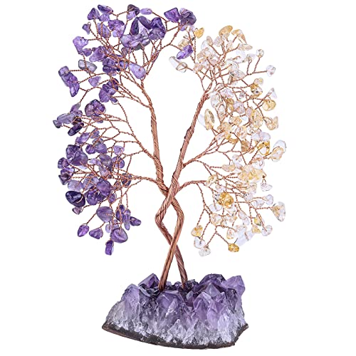 KYEYGWO Amethyst & Citrine Heilung Kristall Geldbaum auf Natürlichen Amethyst Drusensegment Rohstück Basis, Feng Shui Bonsai Baum Deko Stein Glückbaum Liebe Edelsteinbaum Ornament von KYEYGWO