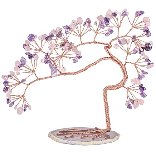 KYEYGWO Amethyst & Rosenquarz Heilung Kristall Bonsai Baum mit Achat Scheiben Base, Energie Stein Geldbaum Feng Shui Kristallbaum Figuren Ornament Steinbaum Tisch Decor für Reichtum und Glück von KYEYGWO