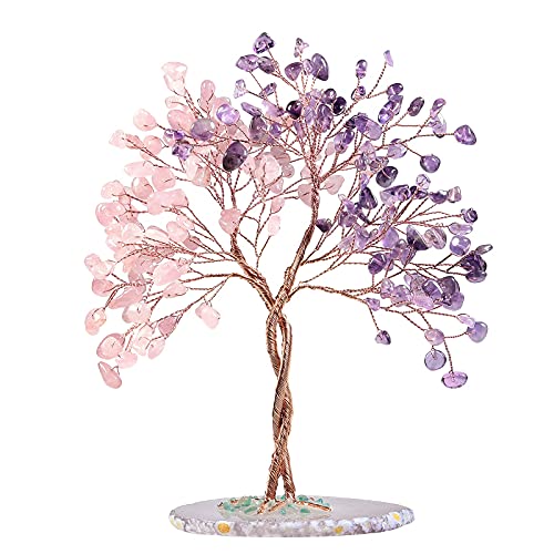 KYEYGWO Amethyst & Rosenquarz Heilung Kristall Geldbaum auf Achat Scheiben Base, Handmade Edelsteinbaum Feng Shui Bonsai Baum Deko Stein Glückbaum Liebe Ornament für Glück, Reichtum von KYEYGWO