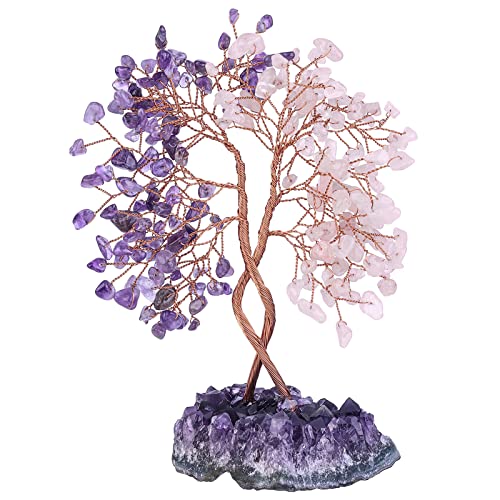 KYEYGWO Amethyst & Rosenquarz Heilung Kristall Geldbaum auf Natürlichen Amethyst Drusensegment Rohstück Basis, Feng Shui Bonsai Baum Deko Stein Glückbaum Liebe Edelsteinbaum Ornament von KYEYGWO