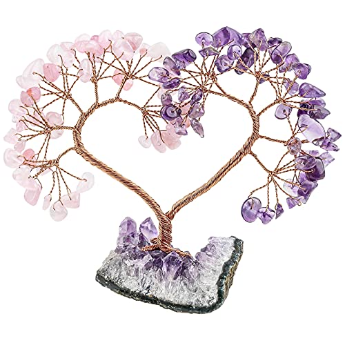 KYEYGWO Amethyst & RosenquarzHerz Kristall Geldbaum auf Natürlichen Amethyst Drusensegment Rohstück Base, Feng Shui Bonsai Baum Stein Glückbaum Kristallbaum für Hochzeit, Haus Decor, Heilung von KYEYGWO