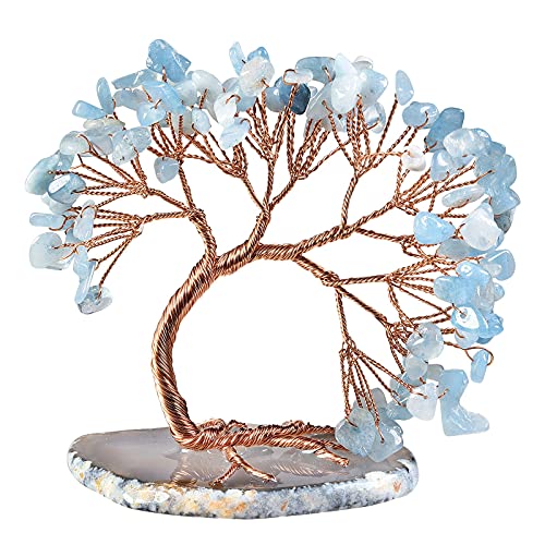 KYEYGWO Aquamarine Heilung Edelstein Baum mit Achat Scheiben Base, Kristall Geldbaum Feng Shui Bonsai Baum Figuren Ornament, Kristallbaum Haus Decor für Glück und Gesundheit, 7,6-10,2 cm Hoch von KYEYGWO