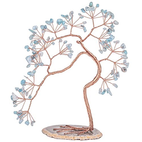 KYEYGWO Aquamarine Heilung Kristall Bonsai Baum mit Achat Scheiben Base, Energie Stein Geldbaum Feng Shui Kristallbaum Figuren Ornament Steinbaum Tisch Decor für Reichtum und Glück von KYEYGWO