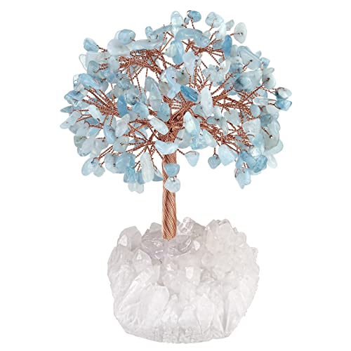 KYEYGWO Aquamarine Heilung Kristall Geldbaum auf Natürlichen Bergkristall Druse Rohstein Basis, Feng Shui Bonsai Baum Stein Glückbaum Figur Edelsteinbaum Ornament Haus Decor von KYEYGWO