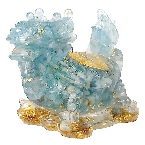 KYEYGWO Aquamarine Kristall Drachen-Schildkröte Figur Deko, Harz Chinesischer Drache Stein Statue Reichtum Goldmünze Skulptur Feng Shui Wohlstand Ornament Glück Sammlerfigur für Haus Büro von KYEYGWO