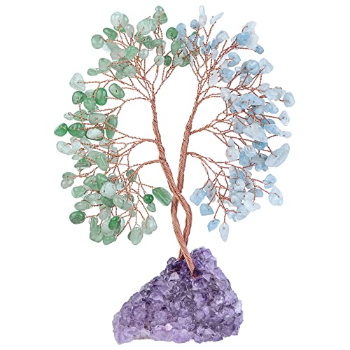 KYEYGWO Aquamarine & Grüner Aventurin Heilung Kristall Geldbaum auf Natürlichen Amethyst Drusensegment Rohstück Basis, Feng Shui Bonsai Baum Deko Stein Glückbaum Liebe Edelsteinbaum Ornament von KYEYGWO