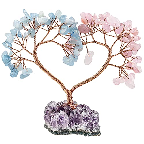 KYEYGWO Aquamarine & Rosenquarz Herz Kristall Geldbaum auf Natürlichen Amethyst Drusensegment Rohstück Base, Feng Shui Bonsai Baum Stein Glückbaum Kristallbaum für Hochzeit, Haus Decor, Heilung von KYEYGWO