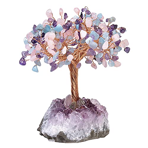 KYEYGWO Bunt Reiki Heilung Kristallbaum auf Natürlichen Amethyst Drusensegment Rohstück Base, Stein Geldbaum Feng Shui Bonsai Baum Figuren Ornament Haus Deko für Glück, Reichtum von KYEYGWO