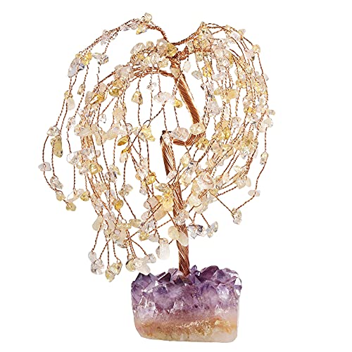 KYEYGWO Citrine Heilung Kristall Geldbaum auf Natürlichen Amethyst Drusensegment Rohstück Base, Stein Kristallbaum Feng Shui Bonsai Baum Figuren Edelstein Ornament für Haus Deko, Glück, Reichtum von KYEYGWO