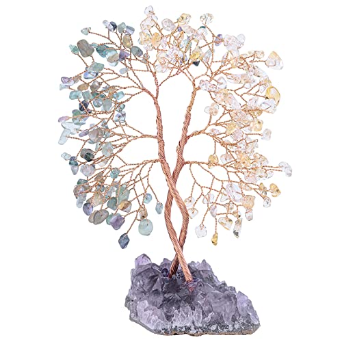 KYEYGWO Citrine & Fluorite Heilung Kristall Geldbaum auf Natürlichen Amethyst Drusensegment Rohstück Basis, Feng Shui Bonsai Baum Deko Stein Glückbaum Liebe Edelsteinbaum Ornament von KYEYGWO