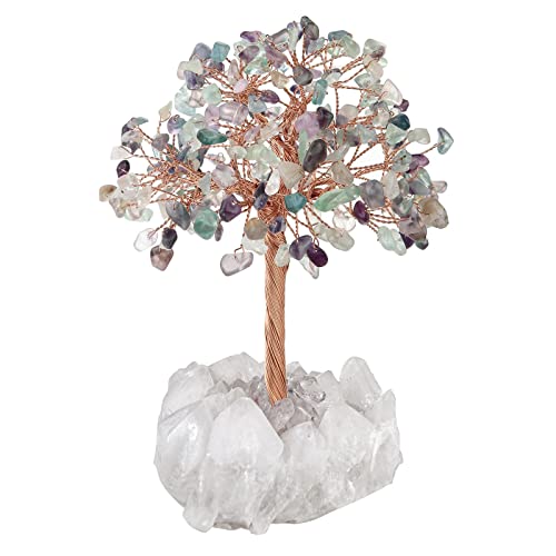 KYEYGWO Fluorite Heilung Kristall Geldbaum auf Natürlichen Bergkristall Druse Rohstein Basis, Feng Shui Bonsai Baum Stein Glückbaum Figur Edelsteinbaum Ornament Haus Decor von KYEYGWO