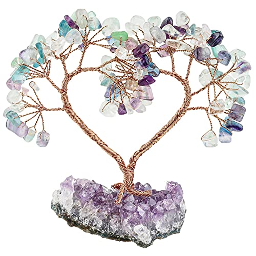 KYEYGWO Fluorite Herz Kristall Geldbaum auf Natürlichen Amethyst Drusensegment Rohstück Base, Feng Shui Bonsai Baum Stein Glückbaum Kristallbaum für Hochzeit, Haus Decor, Heilung von KYEYGWO