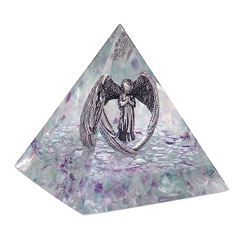 KYEYGWO Fluorite Kristall Pyramide Stein mit Geschnitzte Kupfer Engel Figur, Heilstein Schutzengel Pyramiden Positive Energie Pyramide Glück Friedensengel Statue Ornament für Haus Decor von KYEYGWO